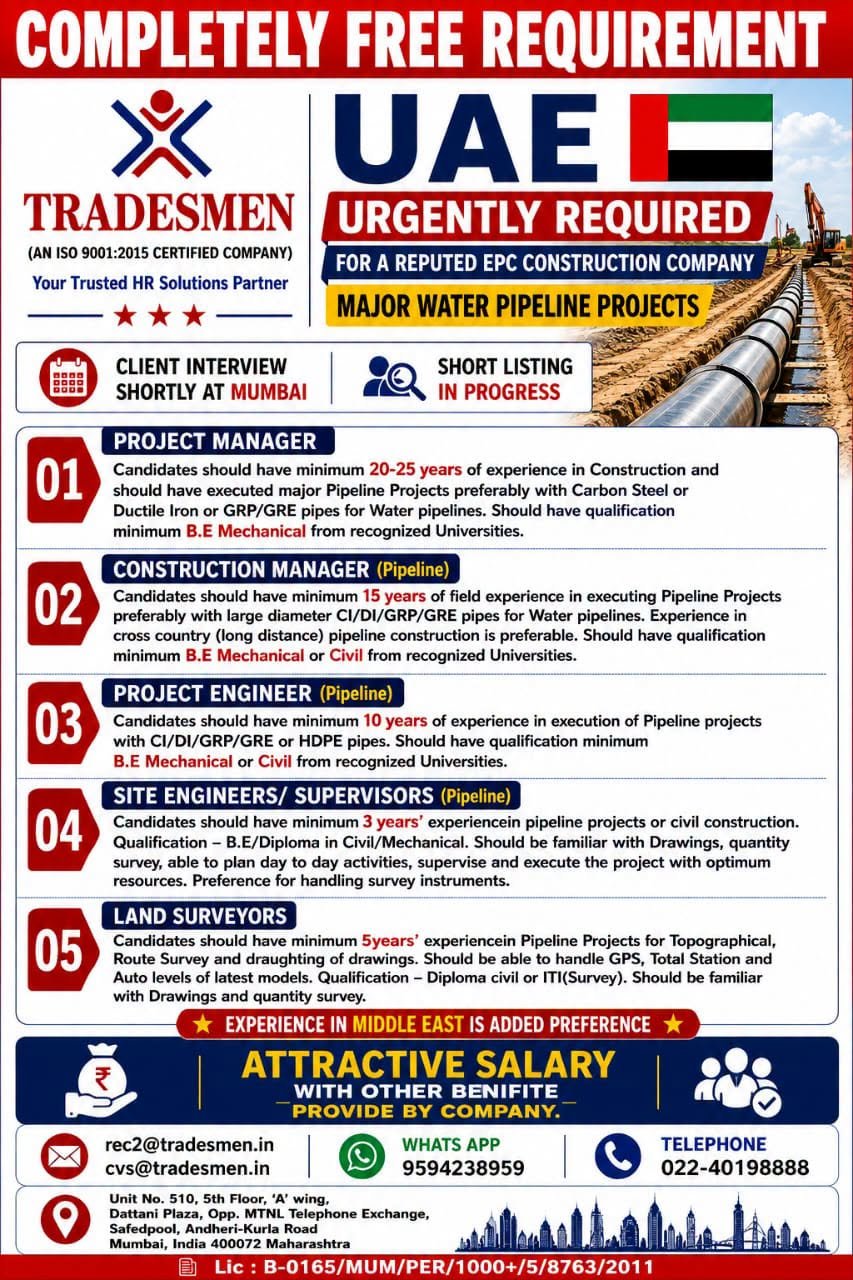 UAE Pipeline Project Jobs 2026 – Urgent Vacancies for Engineers, Surveyors & Managers
