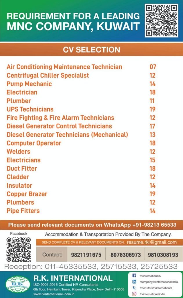 Kuwait Jobs 2026 – MNC Recruitment for Technicians, Welders, Electricians & Fitters