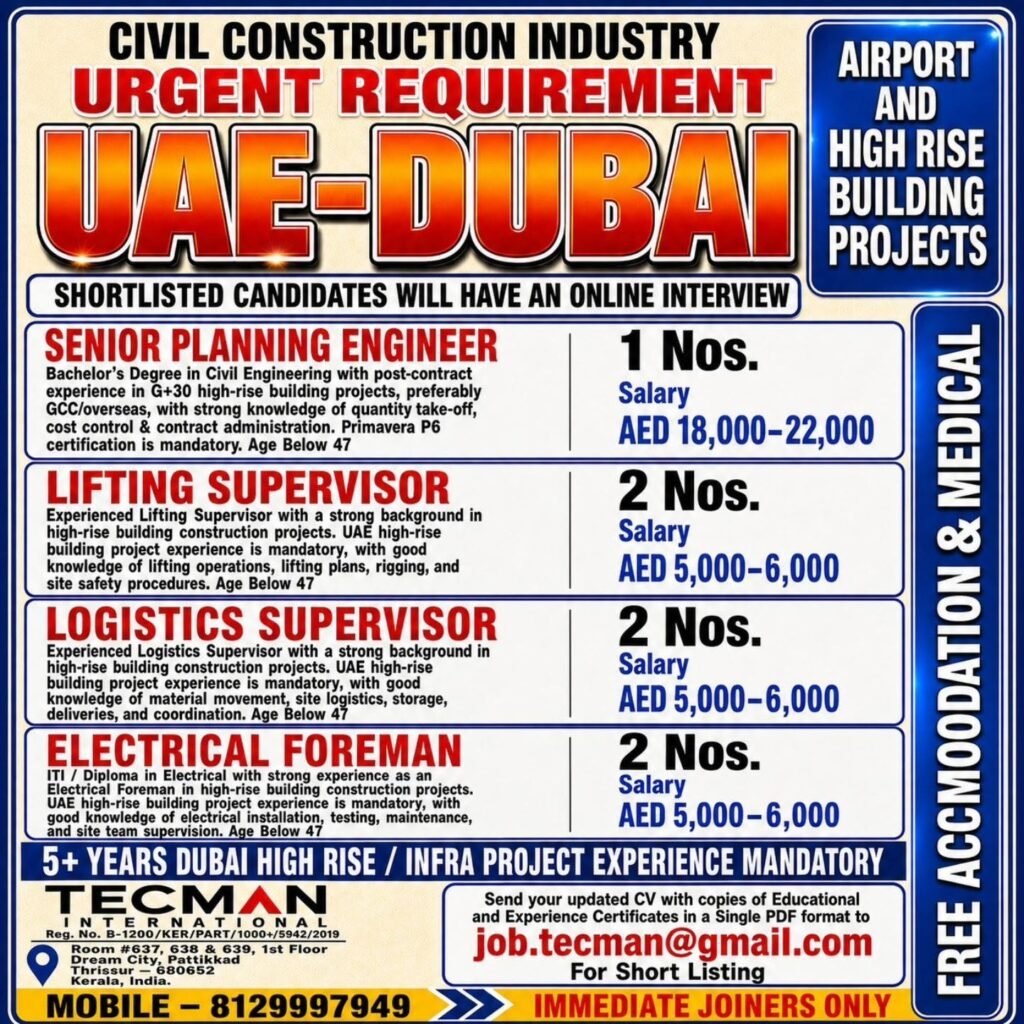 Dubai Jobs 2026 – Urgent Civil Construction Vacancies for High-Rise Projects