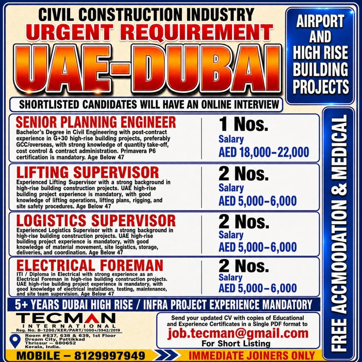 Dubai Jobs 2026 – Urgent Civil Construction Vacancies for High-Rise Projects