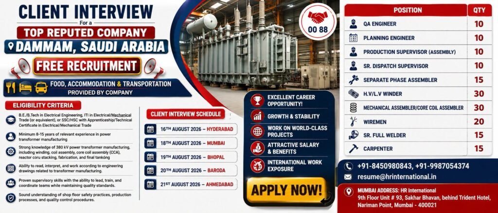 Saudi Arabia Transformer Manufacturing Jobs 2026 – 165 Vacancies in Dammam Saudi Arabia Transformer Manufacturing Jobs 2026 – 165 Vacancies in Dammam