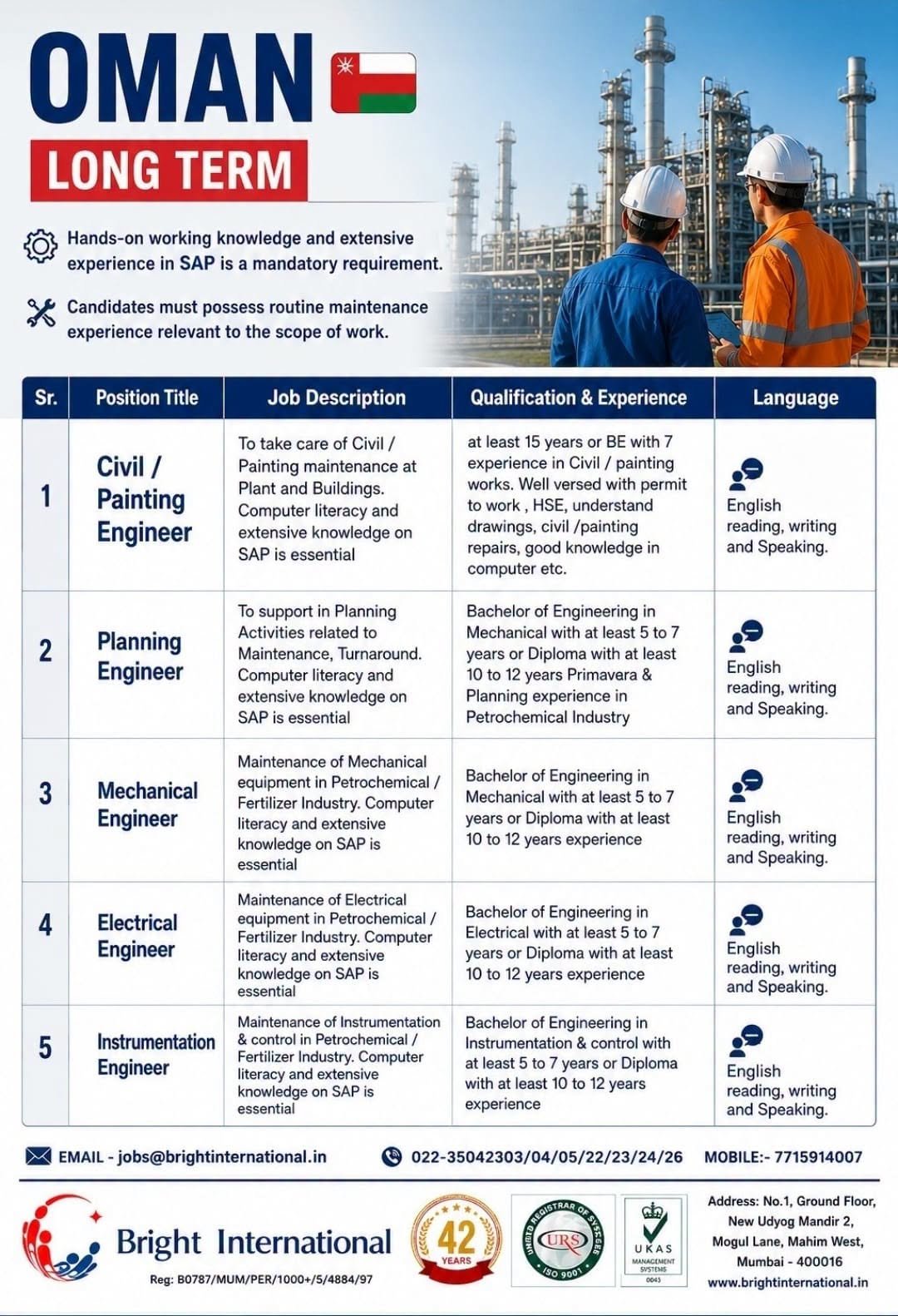 Oman Long-Term Jobs 2026 – Civil, Planning, Mechanical, Electrical & Instrumentation Engineers