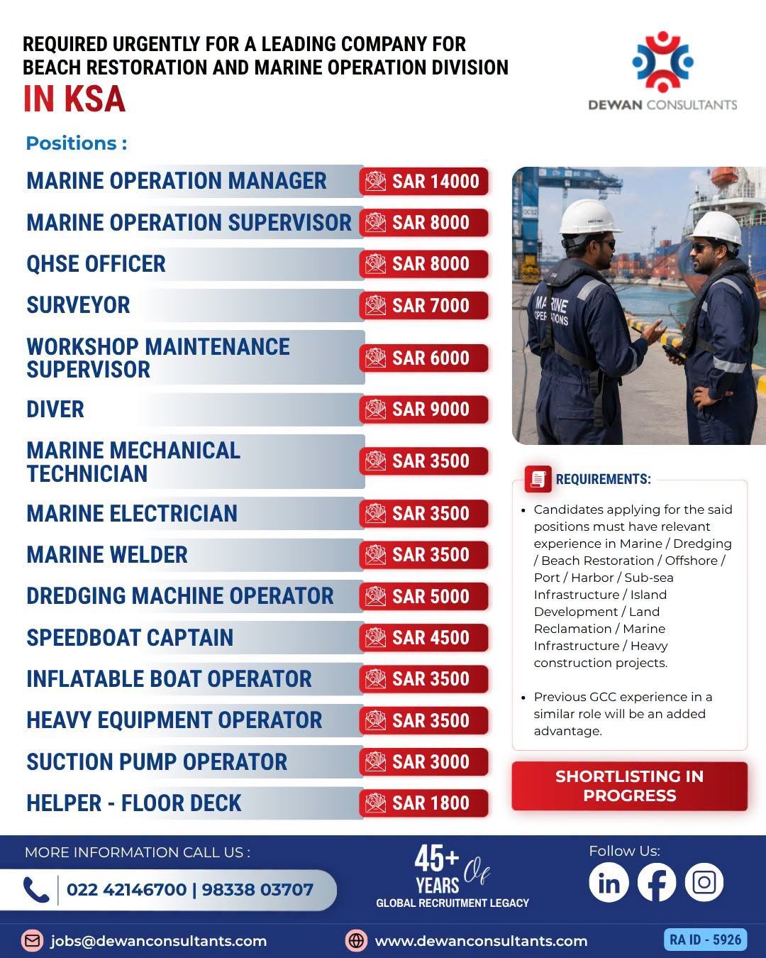 Saudi Arabia : Hiring Urgently for Beach Restoration and Marine Operation Division 