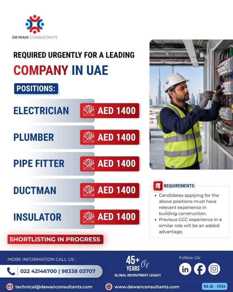 Urgently hiring for a leading company in the UAE Urgently hiring for a leading company in the UAE