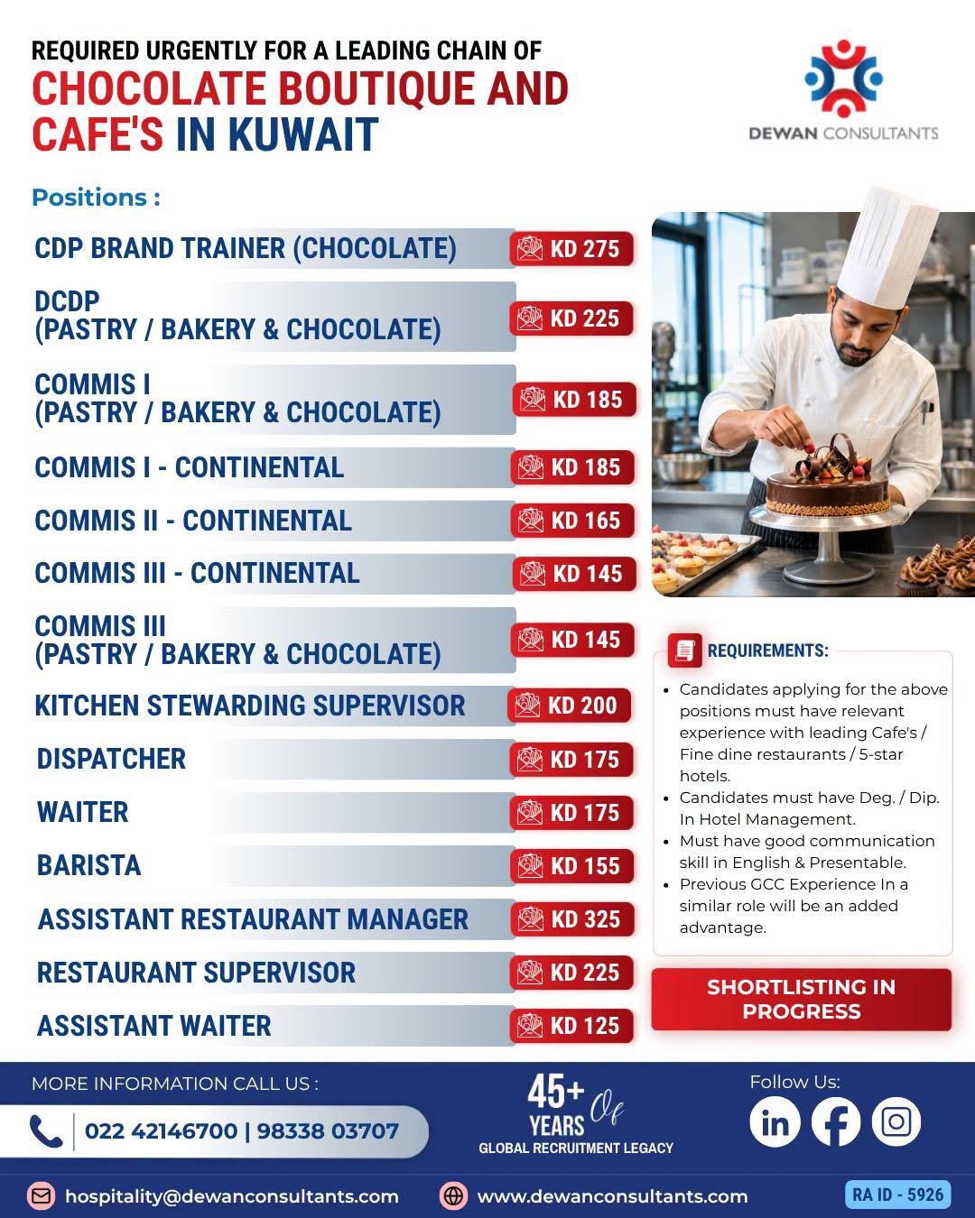 Hiring urgently for a leading chain of Chocolate Boutiques and Cafés in Kuwait.