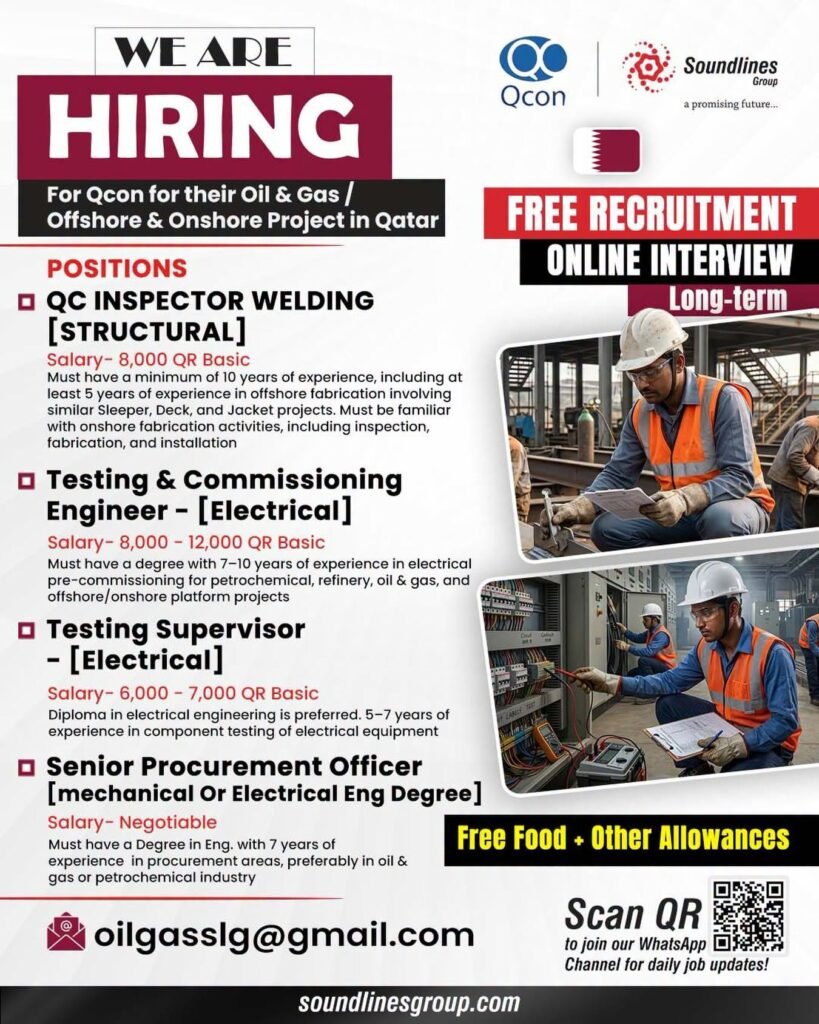 Recruitment For Qcon for their Oil & Gas /Offshore & Onshore Project in Qatar
