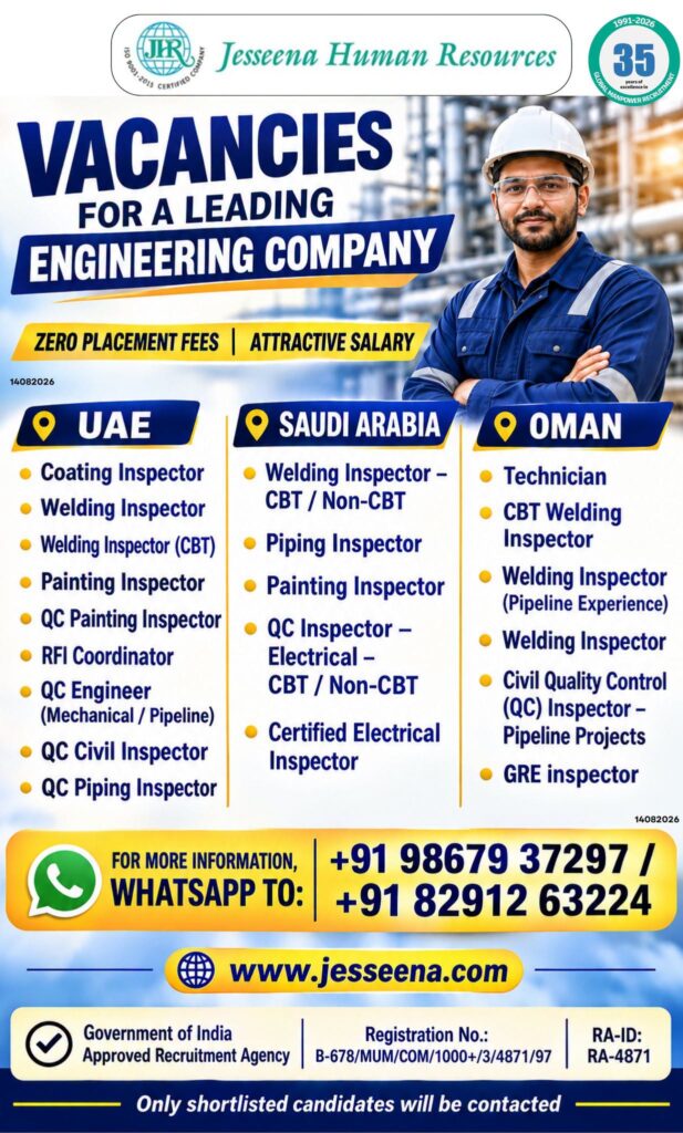 UAE, Saudi Arabia & Oman Jobs 2026 – Engineering and Quality Control Vacancies