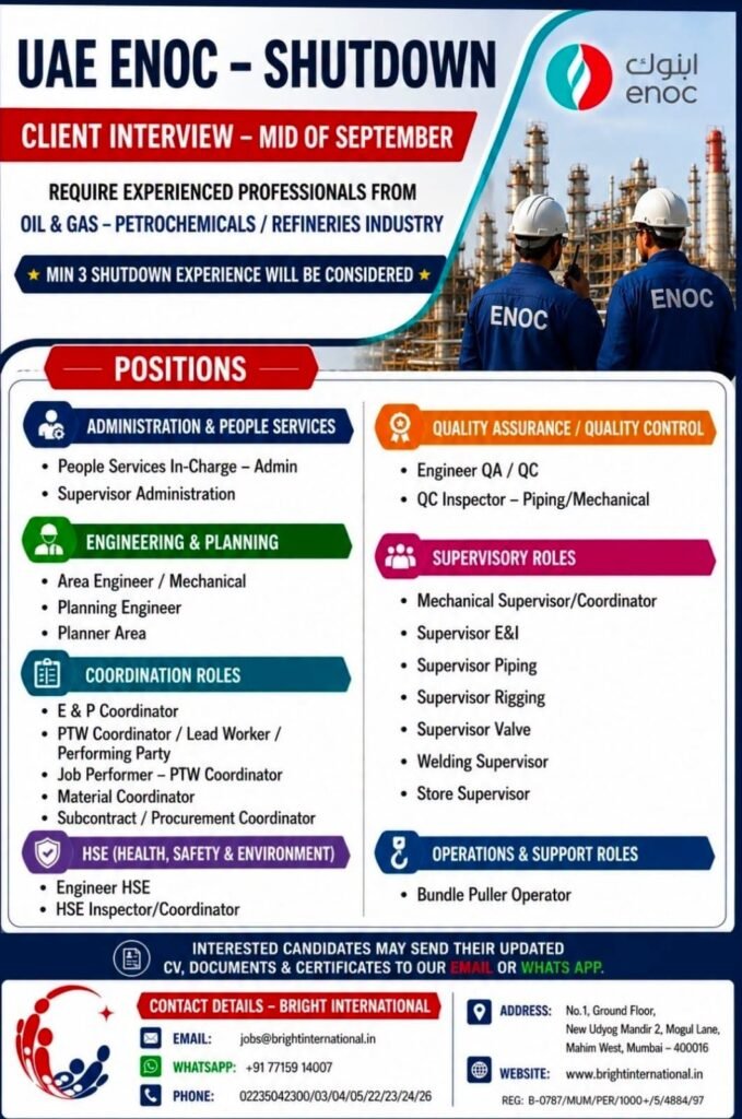 UAE ENOC Shutdown Jobs 2026 – Oil & Gas Vacancies 