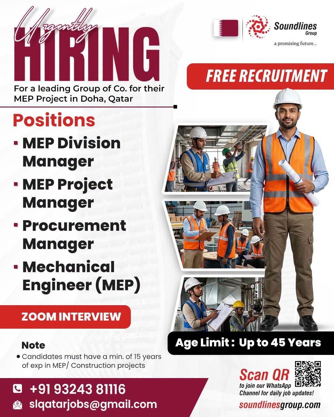 Qatar : Hiring For a leading Group of Co. for their MEP Project in Doha