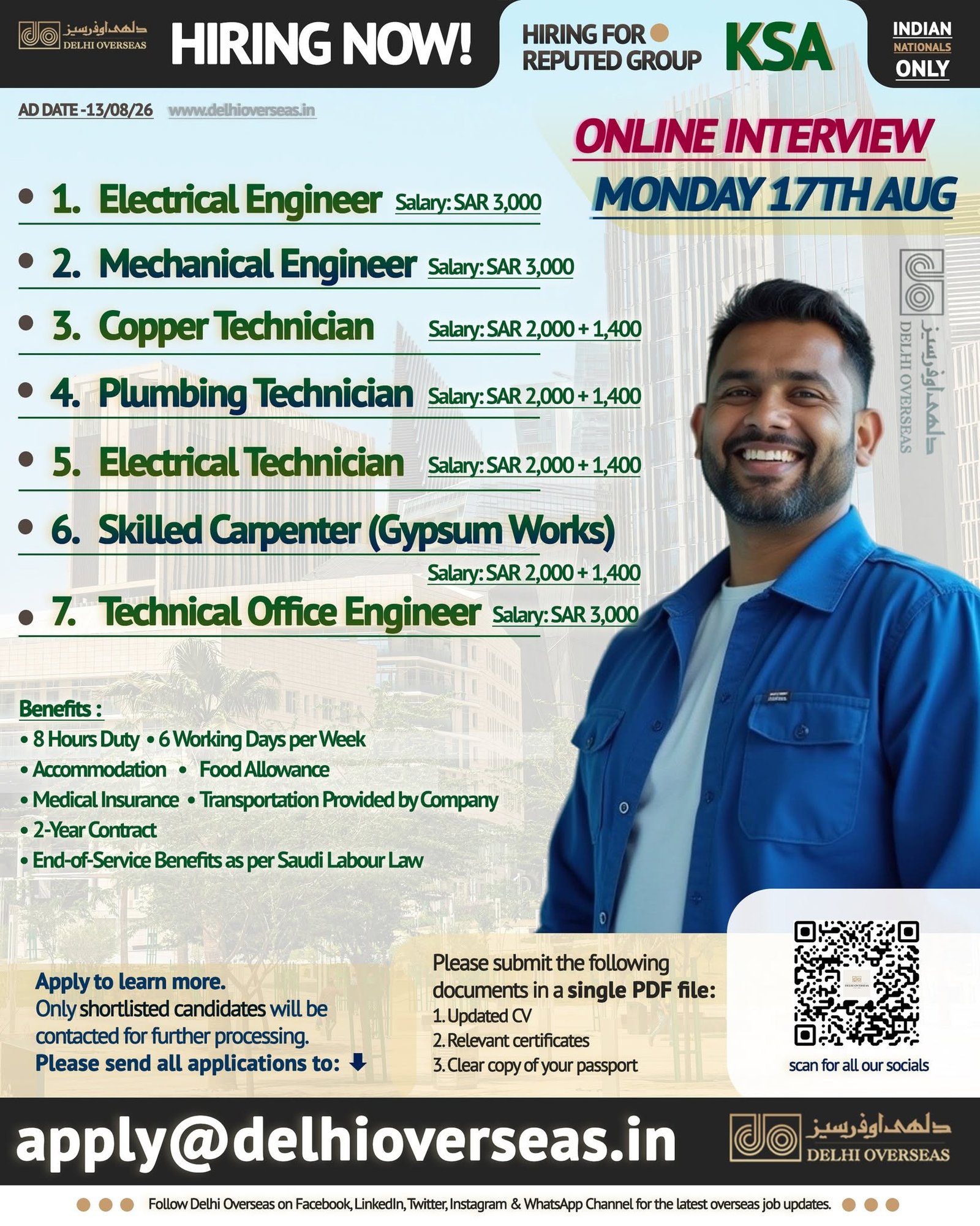 Saudi Arabia Jobs 2026 – Engineers, Technicians & Skilled Carpenter Vacancies