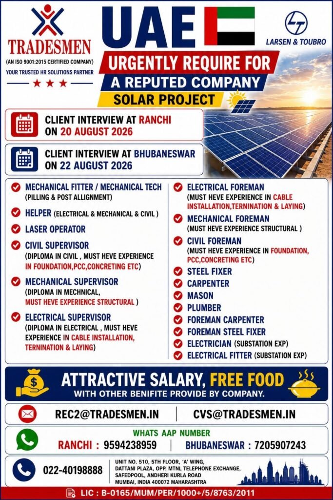 UAE Solar Project Jobs 2026 – Mechanical, Electrical, Civil & Construction Vacancies