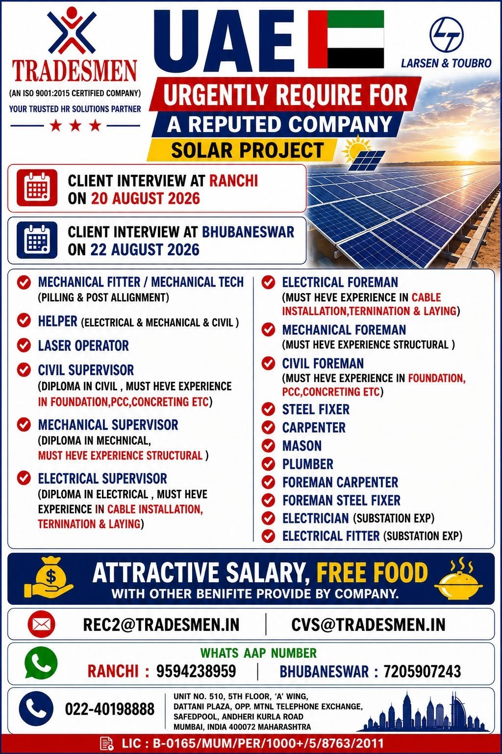 UAE Solar Project Jobs 2026 – Mechanical, Electrical, Civil & Construction Vacancies