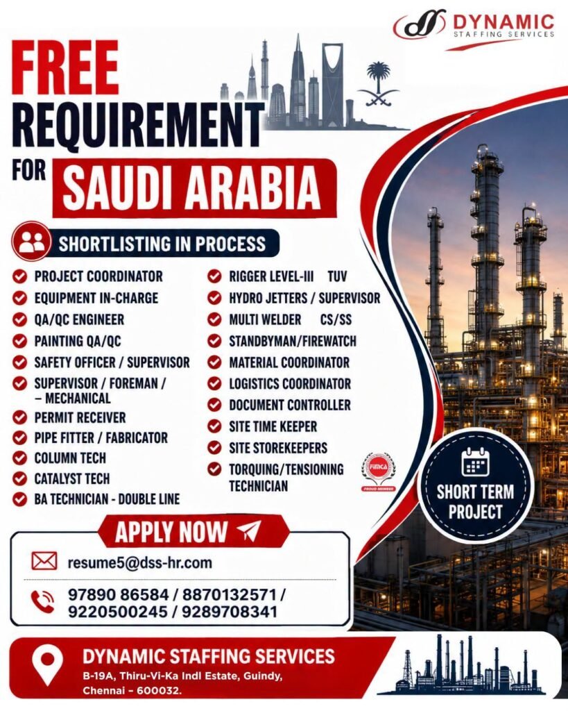 Saudi Arabia Jobs 2026 – Free Recruitment for Short-Term Project