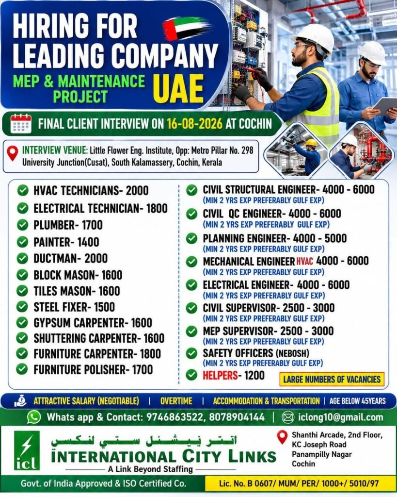 UAE Jobs 2026 – MEP & Maintenance Project Vacancies in Dubai