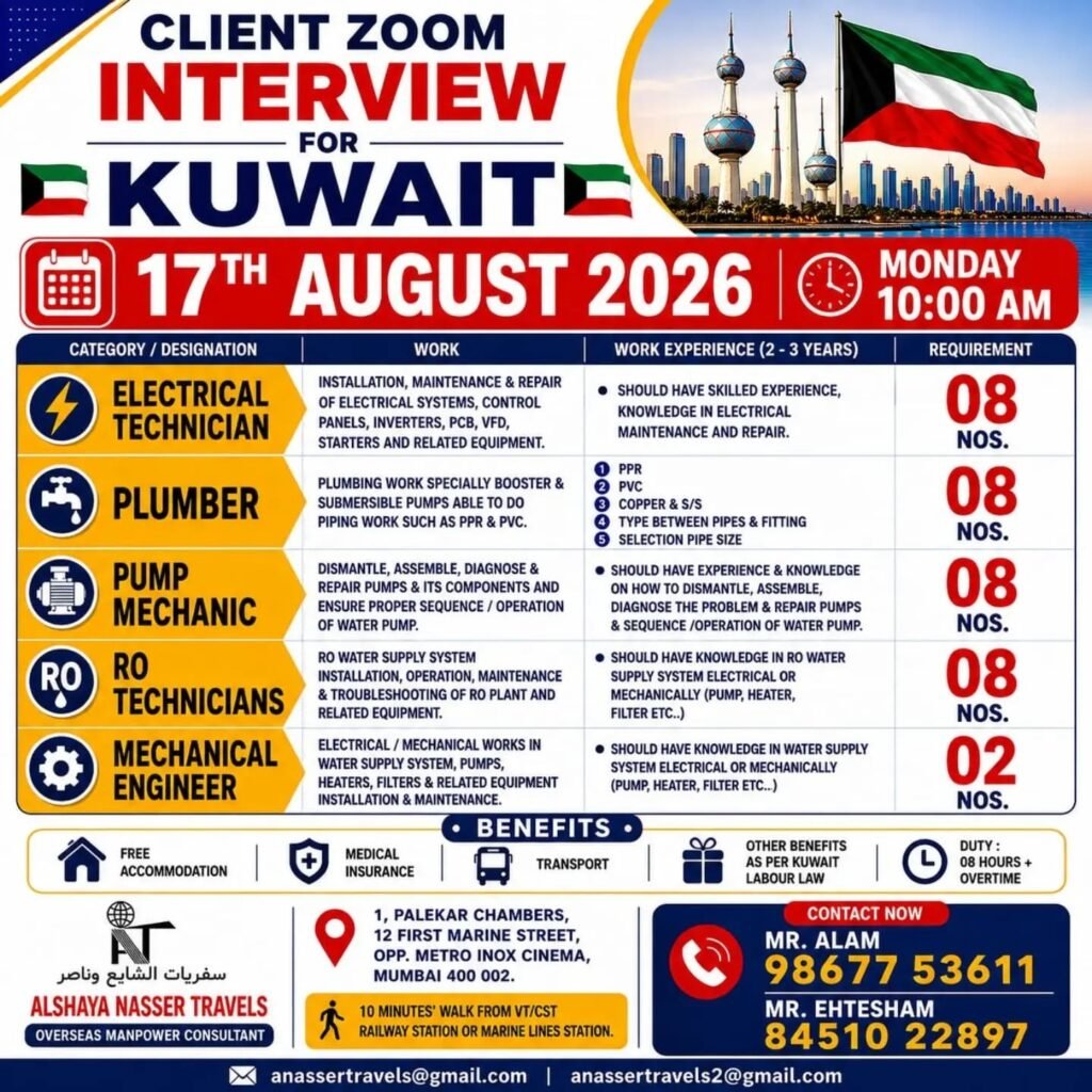 Kuwait Jobs 2026 – Client Zoom Interview for Electrical Technicians, Plumbers, Pump Mechanics & RO Technicians