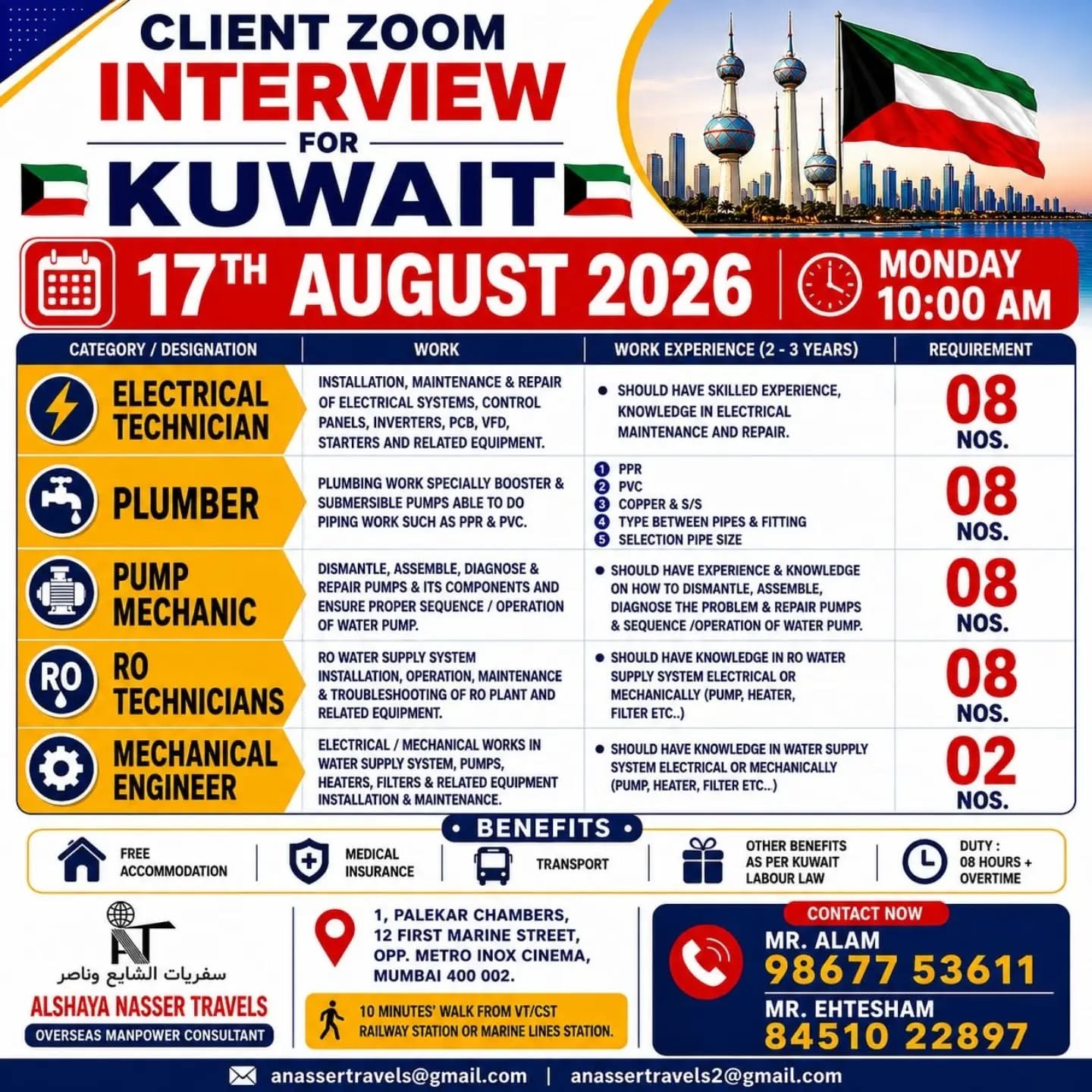 Kuwait Jobs 2026 – Client Zoom Interview for Electrical Technicians, Plumbers, Pump Mechanics & RO Technicians