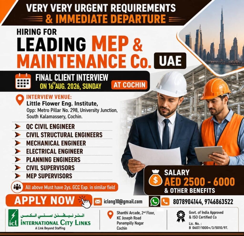 Hiring for UAE For MEP/Civil Maintenance projects.