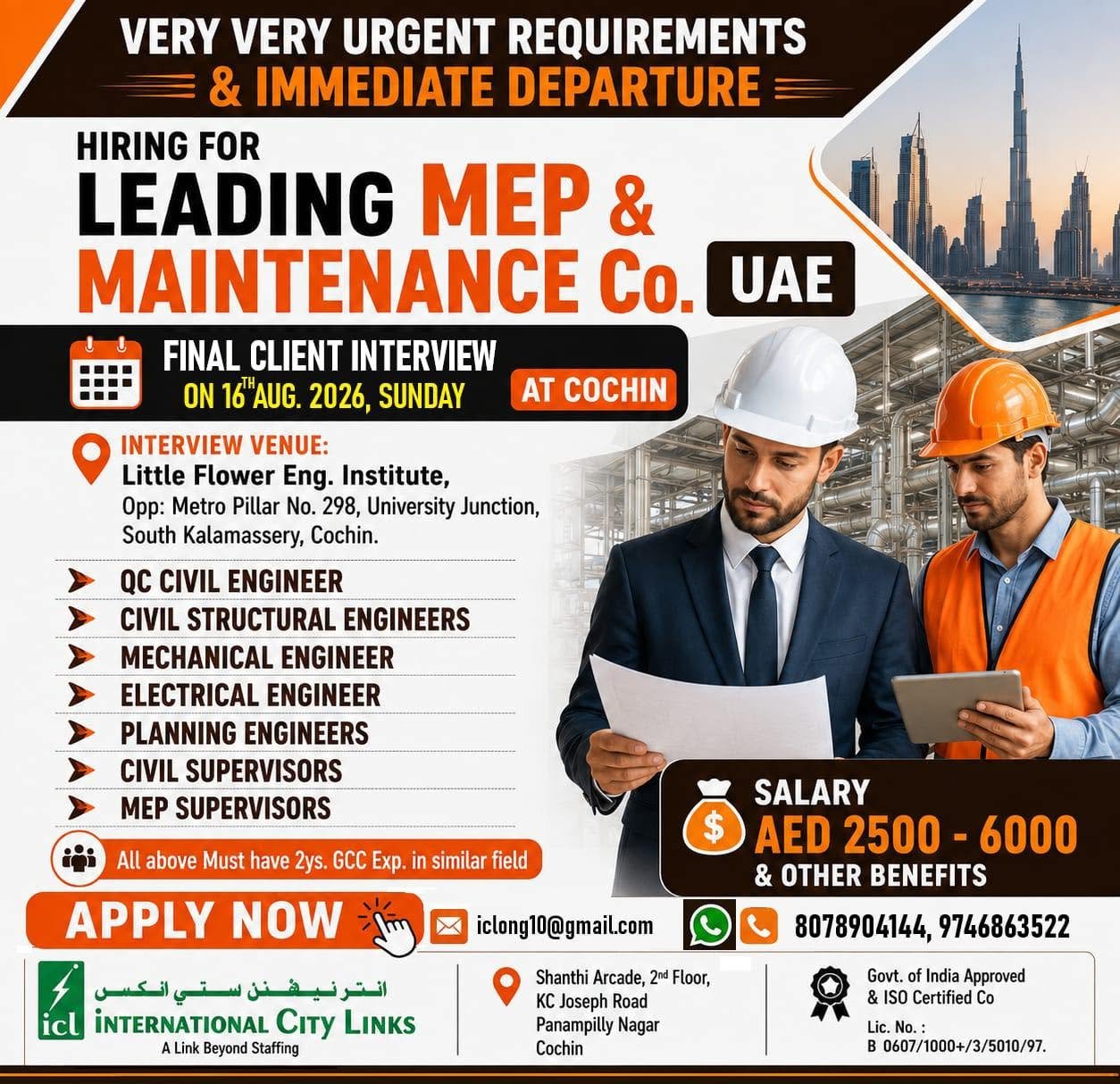 Hiring for UAE For MEP/Civil Maintenance projects.