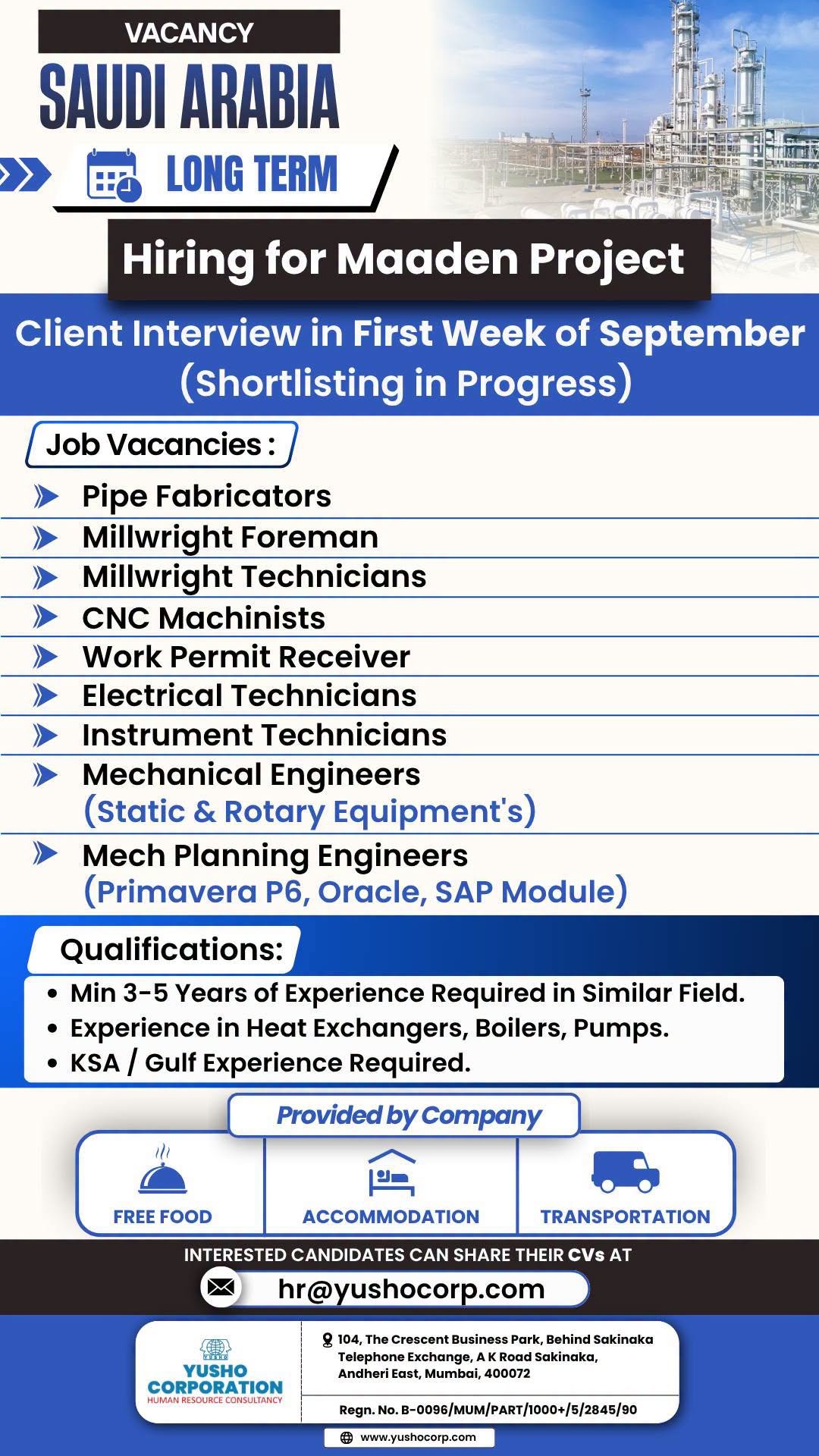 Hiring for Maaden Project – Saudi Arabia 