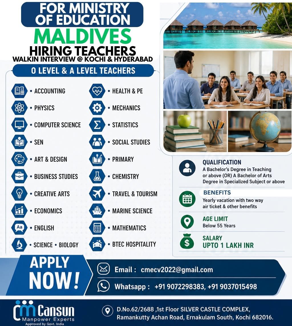 Maldives Ministry of Education Teacher Jobs 2026 – O Level & A Level Teachers Hiring