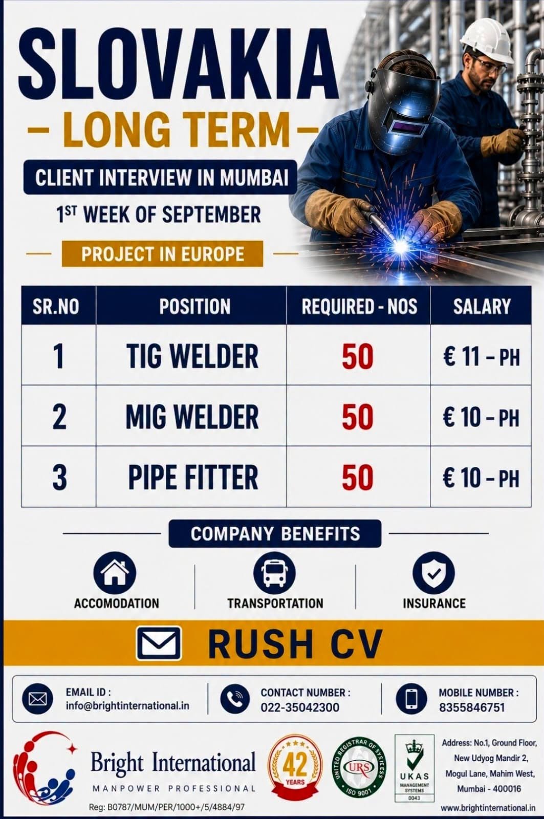 Slovakia Jobs 2026 – 150 Vacancies for TIG Welders, MIG Welders & Pipe Fitters