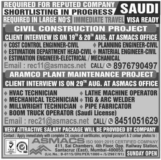 Saudi Arabia : Required for Civil Construction & Aramco Plant Maintenance Projects