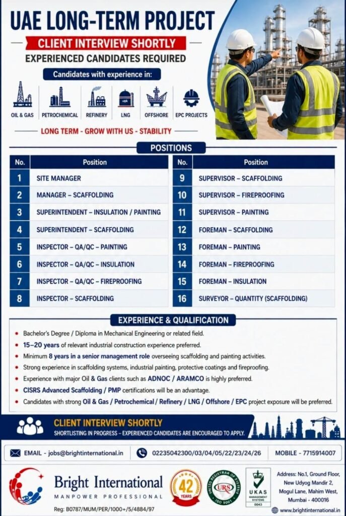 UAE Long-Term Project Jobs 2026 – Oil & Gas, Petrochemical, Refinery & LNG Vacancies