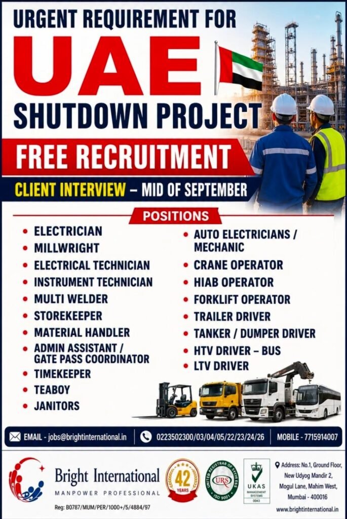 UAE Shutdown Project Jobs 2026 – Free Recruitment for Multiple Positions UAE Shutdown Project Jobs 2026 – Free Recruitment for Multiple Positions