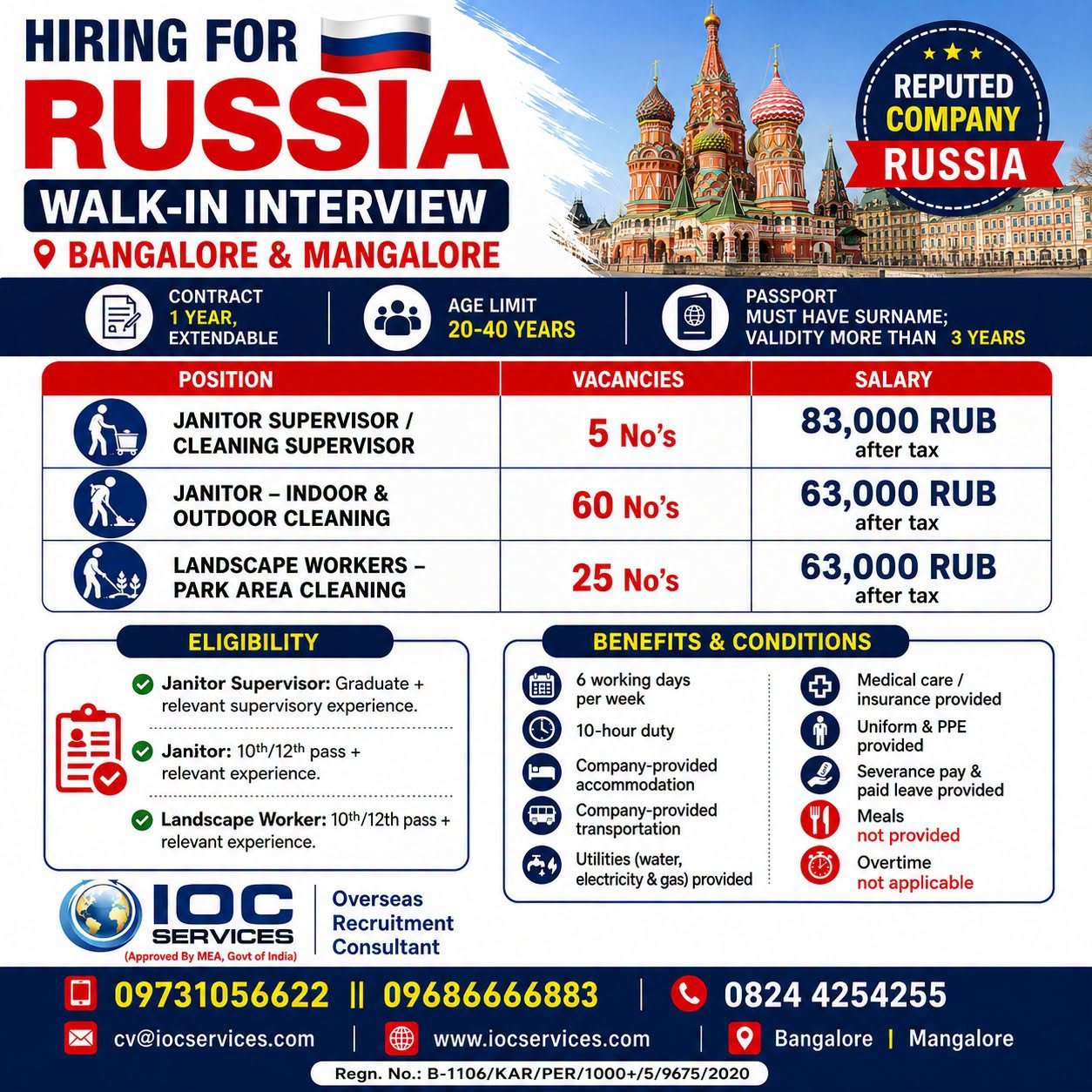 Russia Jobs 2026 – Walk-in Interview for Janitor, Cleaning Supervisor & Landscape Workers