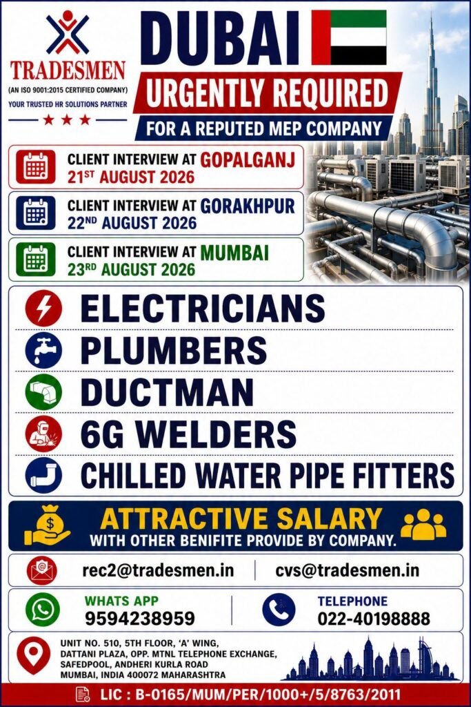 Dubai MEP Company Jobs 2026 – Electricians, Plumbers, Ductmen, 6G Welders & Chilled Water Pipe Fitters