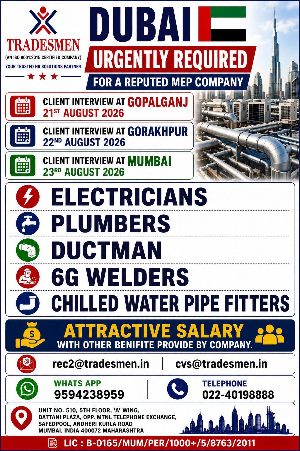 Dubai MEP Company Jobs 2026 – Electricians, Plumbers, Ductmen, 6G Welders & Chilled Water Pipe Fitters