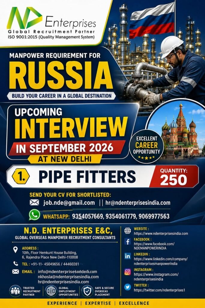 Hiring Pipe Fitters For Russia - 250 Vacancies Hiring Pipe Fitters For Russia - 250 Vacancies