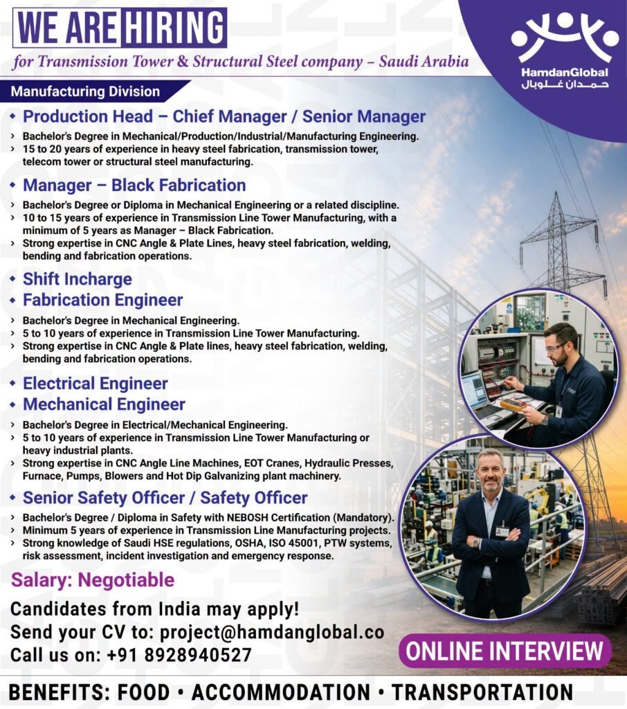 Urgent Hiring for Transmission Tower & Structural Steel company - Saudi Arabia
