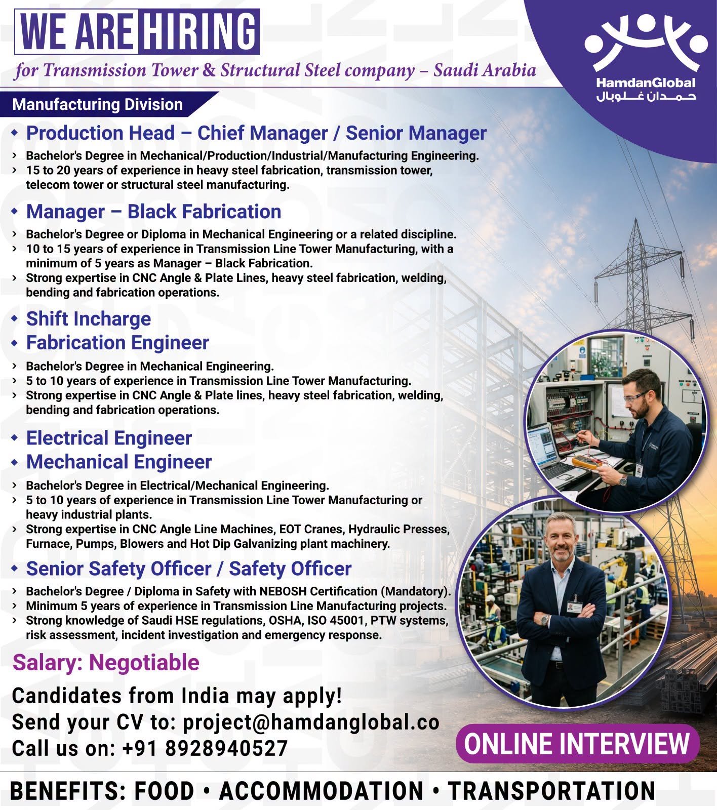 Urgent Hiring for Transmission Tower & Structural Steel company - Saudi Arabia