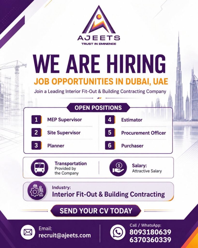 UAE : Hiring For leading Interior Fit-Out & Building Contracting Company in Dubai UAE : Hiring For leading Interior Fit-Out & Building Contracting Company in Dubai