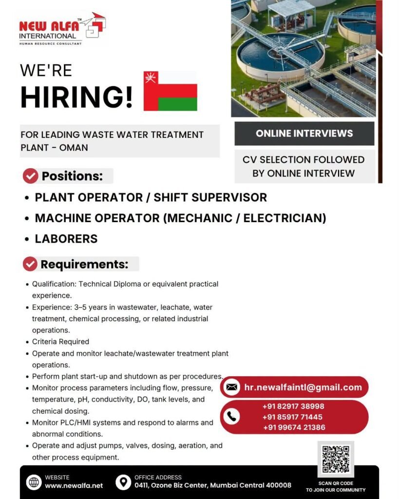 Oman | Wastewater Treatment Plant Jobs - Apply Now