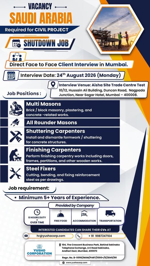 Saudi Arabia Vacancy | Civil Project – Shutdown Jobs