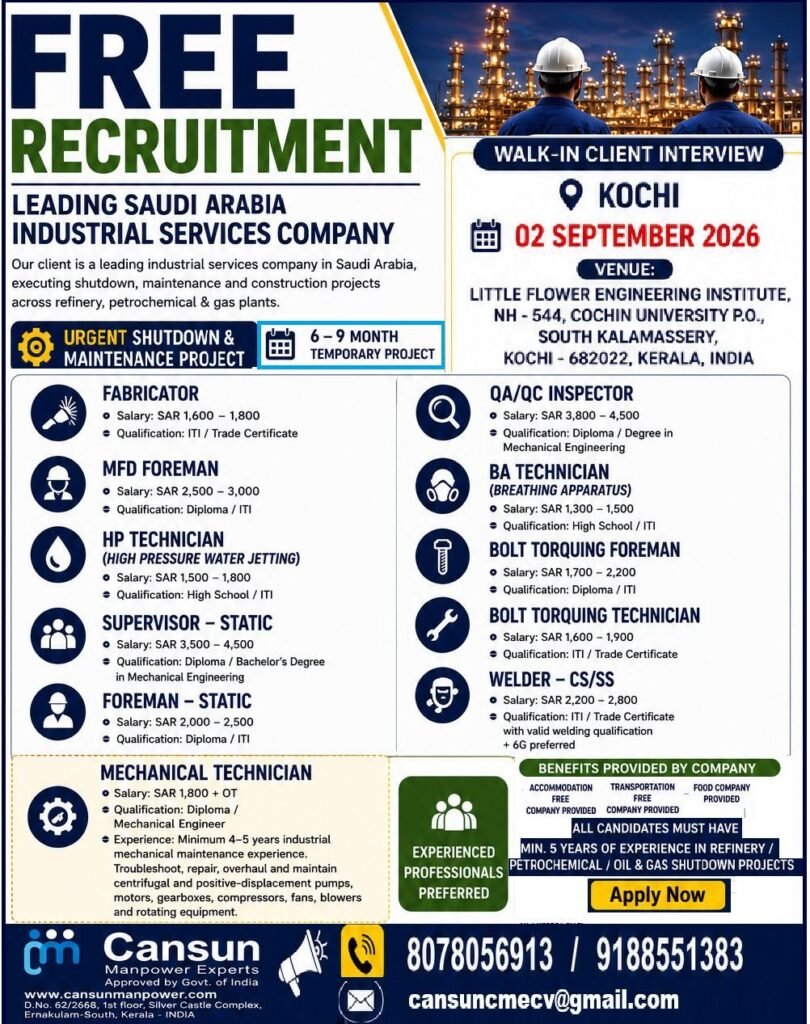 Saudi Arabia Shutdown & Maintenance Jobs 2026 – Walk-In Interview 