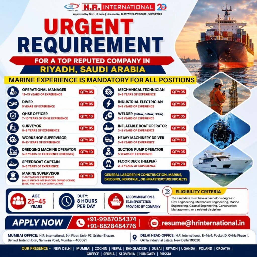 Saudi Arabia : Hiring For Marine, Dredging, Industrial & Infrastructure positions