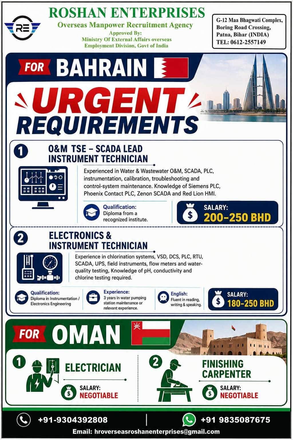 Bahrain & Oman Jobs 2026 – Urgent Vacancies for Instrument Technicians, Electricians & Carpenters