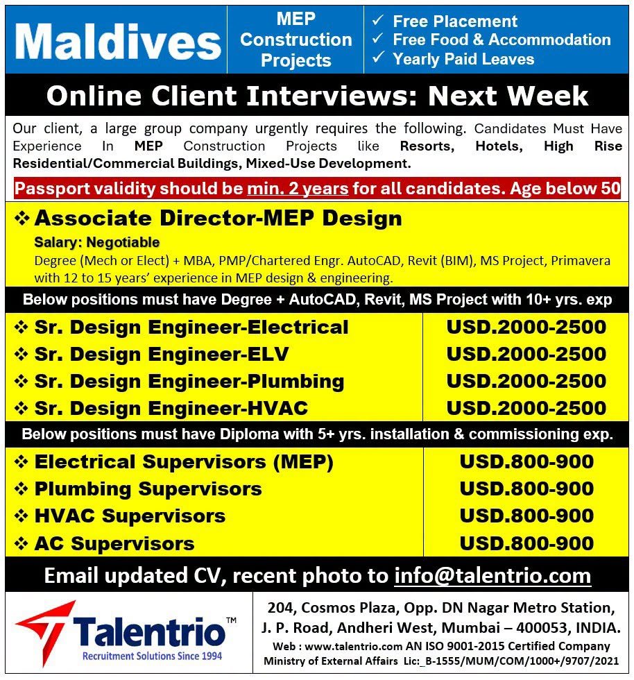 Maldives Jobs 2026 – MEP Construction Vacancies for Engineers & Supervisors