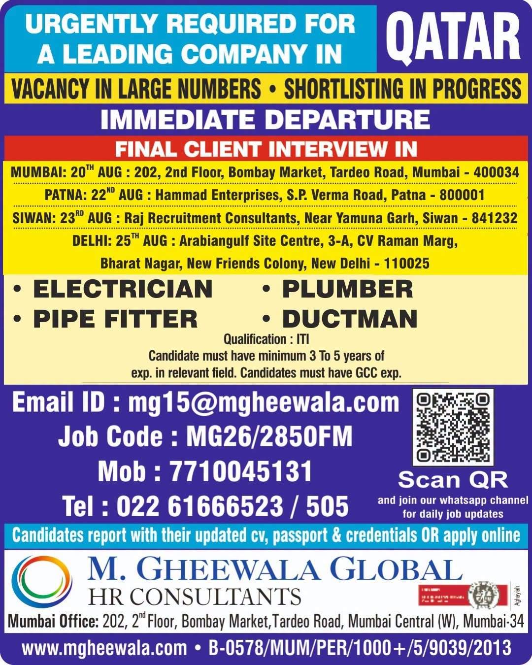 Qatar Jobs 2026 – Electrician, Plumber, Pipe Fitter & Ductman Vacancies