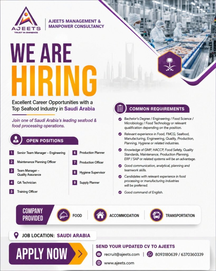 Saudi Arabia - Hiring For leading seafood & food processing operations