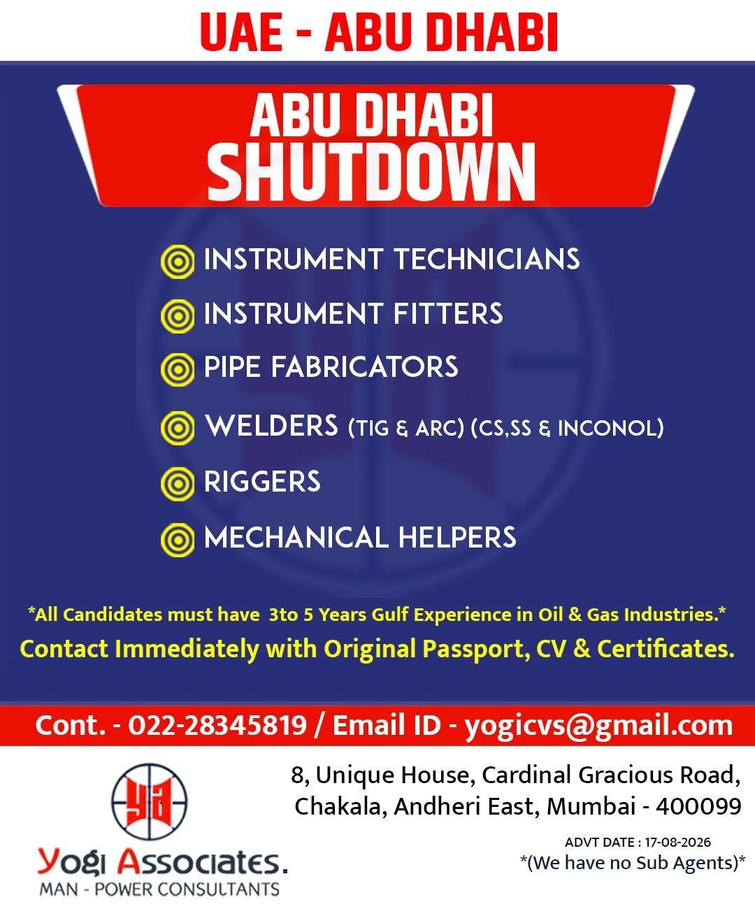 UAE Abu Dhabi Shutdown Jobs 2026 – Oil & Gas Vacancies