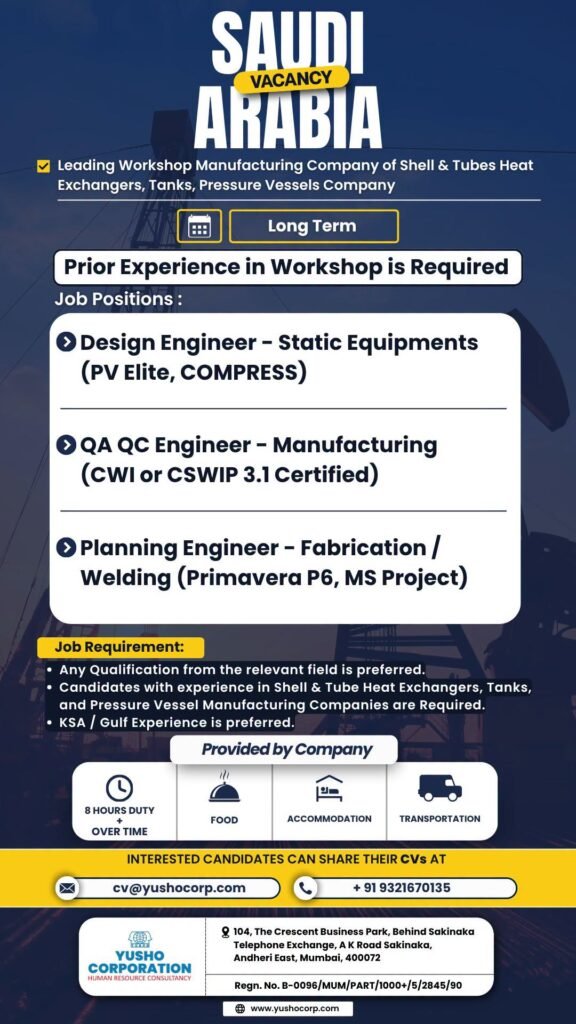 Saudi Arabia – Hiring For A leading workshop manufacturing company