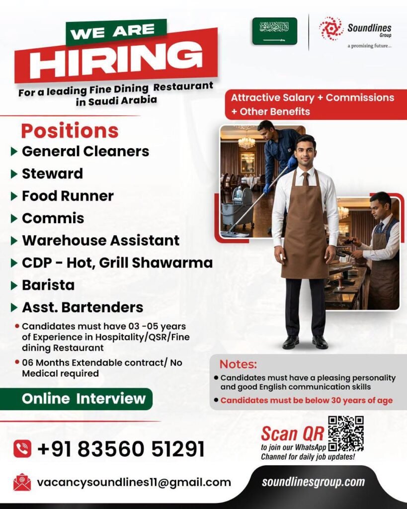 Hiring For a leading Fine Dining Restaurant in Saudi Arabia