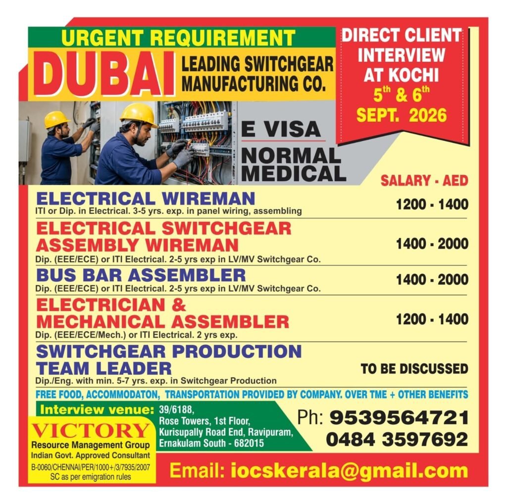 Dubai Jobs 2026: Urgent Vacancies in Leading Switchgear Manufacturing Company