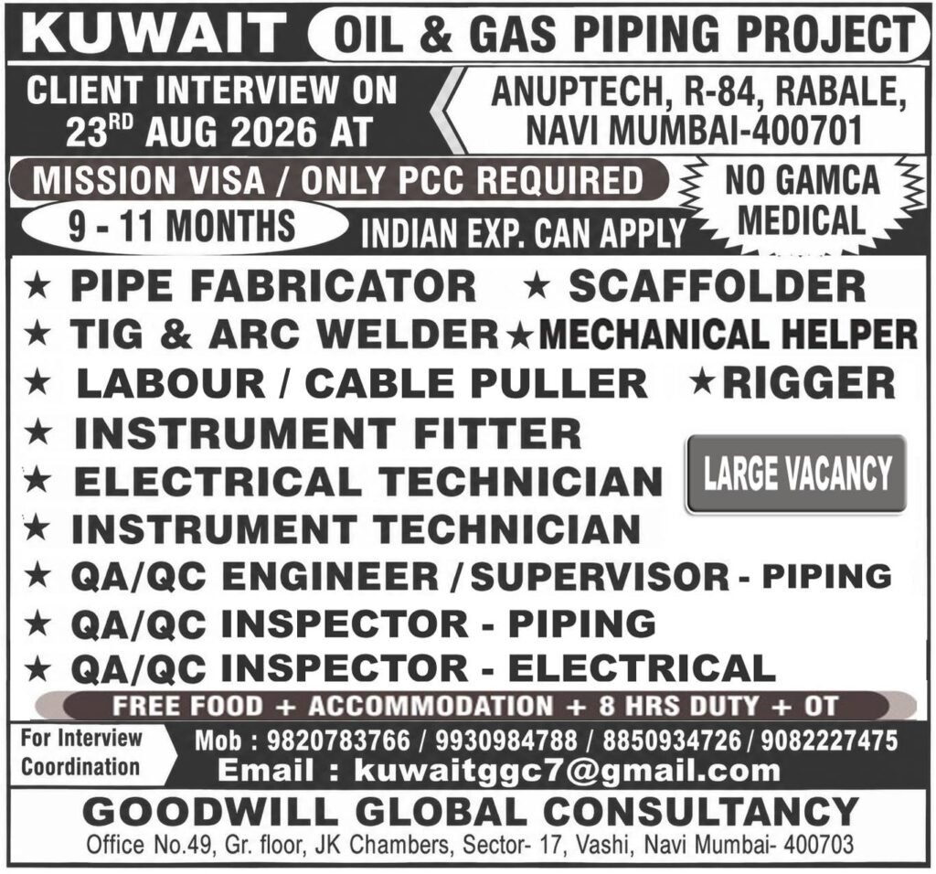Kuwait Oil & Gas Jobs 2026 – Large Vacancies | Client Interview 23 August