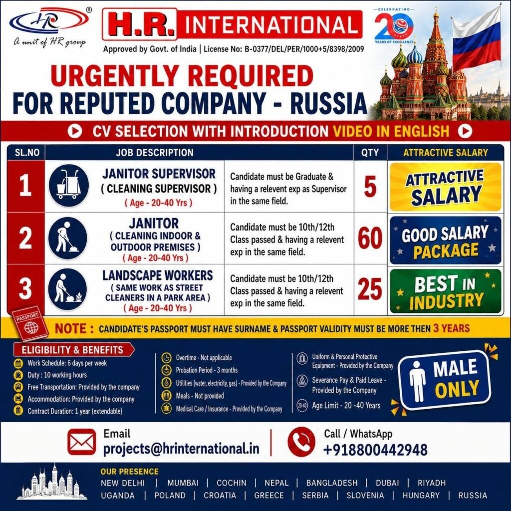 Hiring For A reputed company in Russia