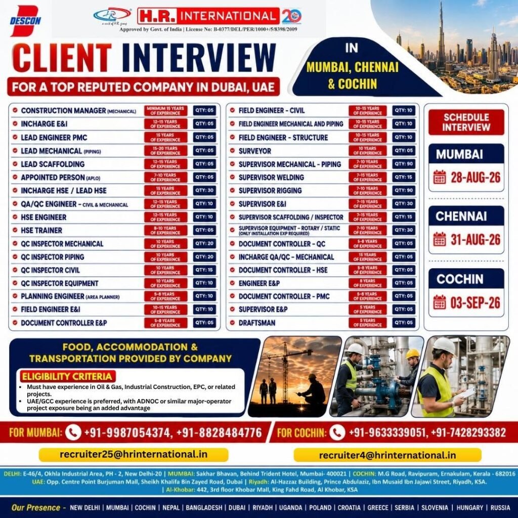 UAE : Hiring for a top reputed company in Dubai